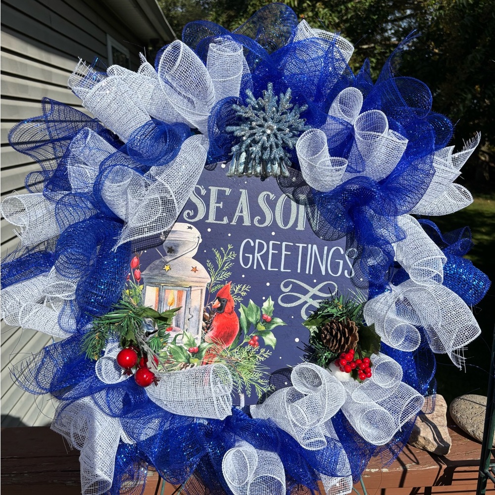 Festive Blue and White Holiday Wreath